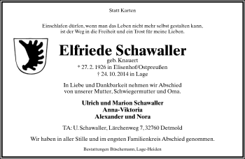 Anzeige  Elfriede Schawaller  Lippische Landes-Zeitung
