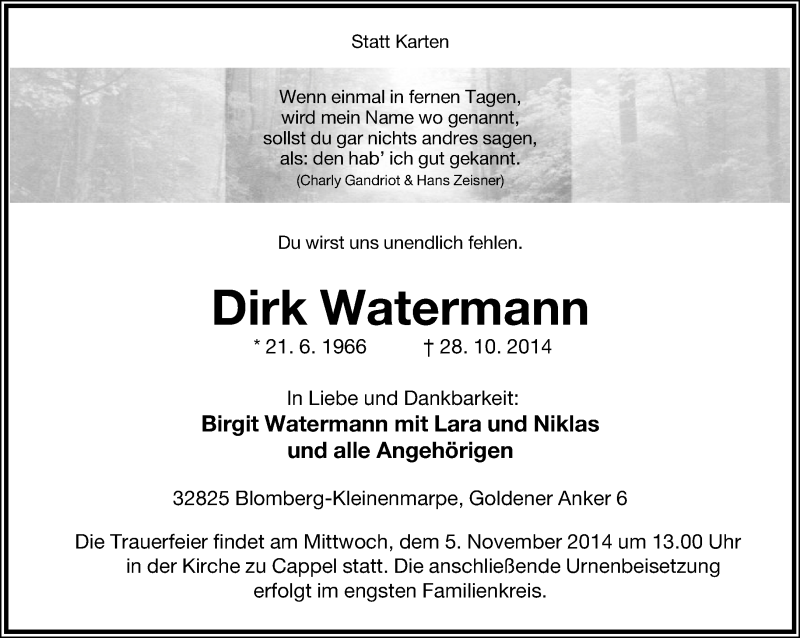  Traueranzeige für Dirk Watermann vom 01.11.2014 aus Lippische Landes-Zeitung