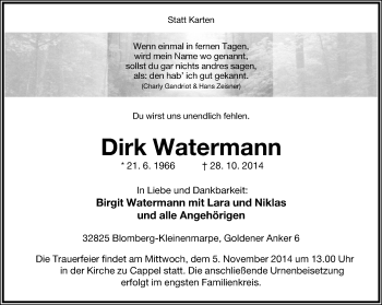 Anzeige  Dirk Watermann  Lippische Landes-Zeitung