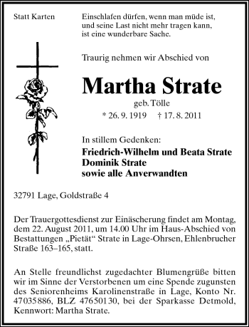 Anzeige  Martha Strate  Lippische Landes-Zeitung