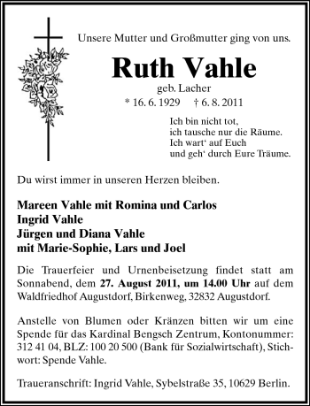 Anzeige  Ruth Vahle  Lippische Landes-Zeitung