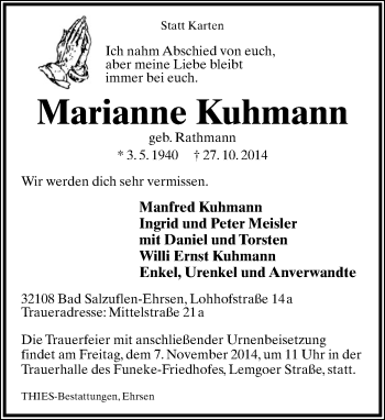 Anzeige  Marianne Kuhmann  Lippische Landes-Zeitung