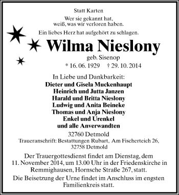Anzeige  Wilma Nieslony  Lippische Landes-Zeitung