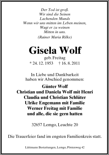 Anzeige  Gisela Wolf  Lippische Landes-Zeitung