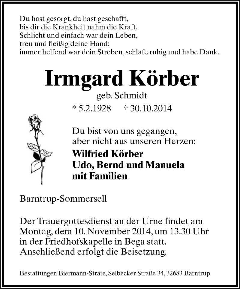  Traueranzeige für Irmgard Körber vom 05.11.2014 aus Lippische Landes-Zeitung