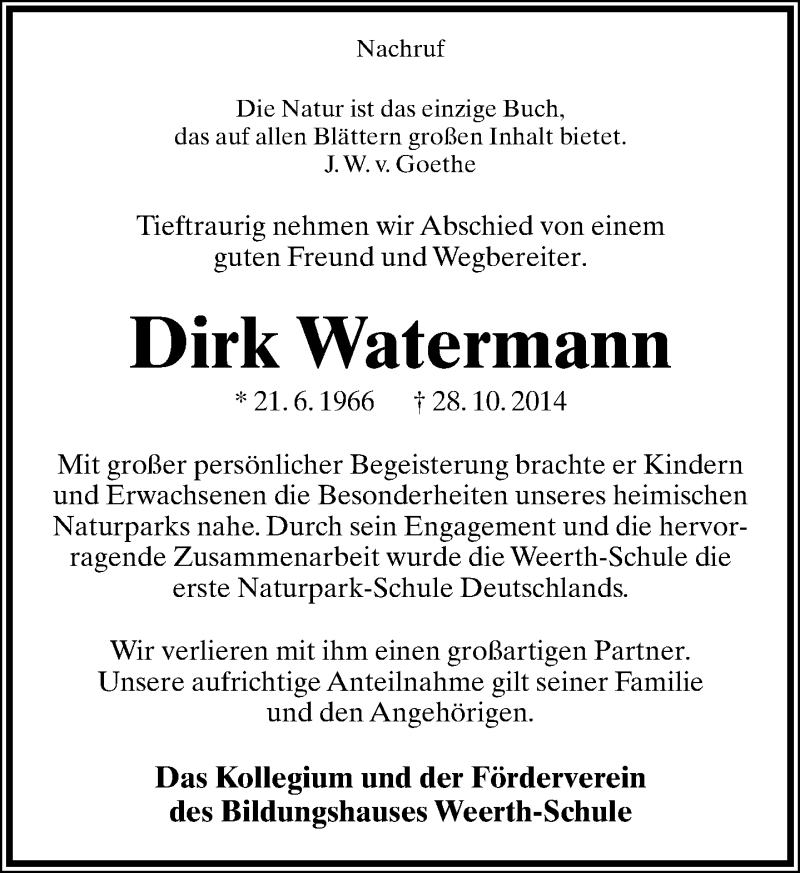  Traueranzeige für Dirk Watermann vom 01.11.2014 aus Lippische Landes-Zeitung