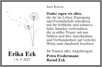 Anzeige  Erika Eck  Lippische Landes-Zeitung
