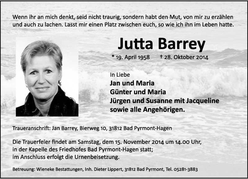  Traueranzeige für Jutta Barrey vom 01.11.2014 aus Lippische Landes-Zeitung