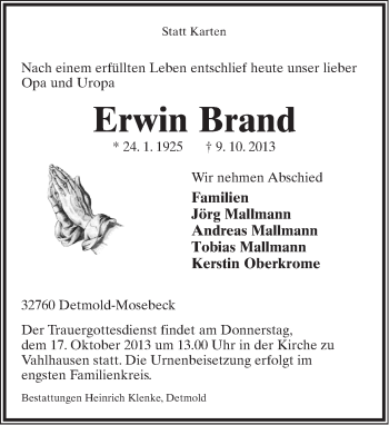 Anzeige  Erwin Brand  Lippische Landes-Zeitung
