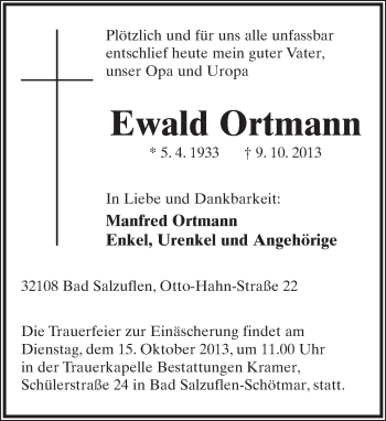 Anzeige  Ewald Ortmann  Lippische Landes-Zeitung