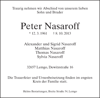 Anzeige  Peter Nasaroff  Lippische Landes-Zeitung