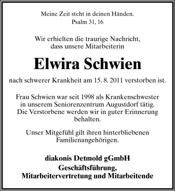 Anzeige  Elwira Schwien  Lippische Landes-Zeitung