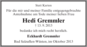 Anzeige  Hedi Gremmler  Lippische Landes-Zeitung