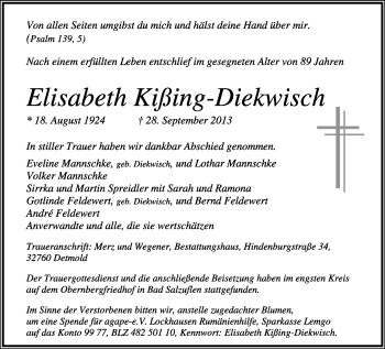 Anzeige  Elisabeth Kißing-Diekwisch  Lippische Landes-Zeitung