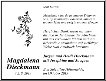 Anzeige  Magdalena Dieckmann  Lippische Landes-Zeitung