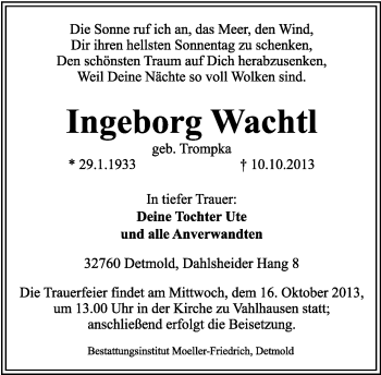 Anzeige  Ingeborg Wachtl  Lippische Landes-Zeitung