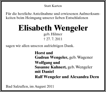 Anzeige  Elisabeth Wengeler  Lippische Landes-Zeitung
