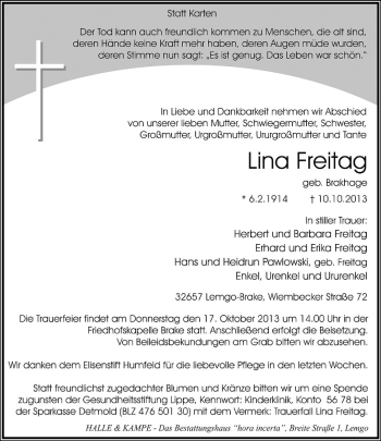 Anzeige  Lina Freitag  Lippische Landes-Zeitung