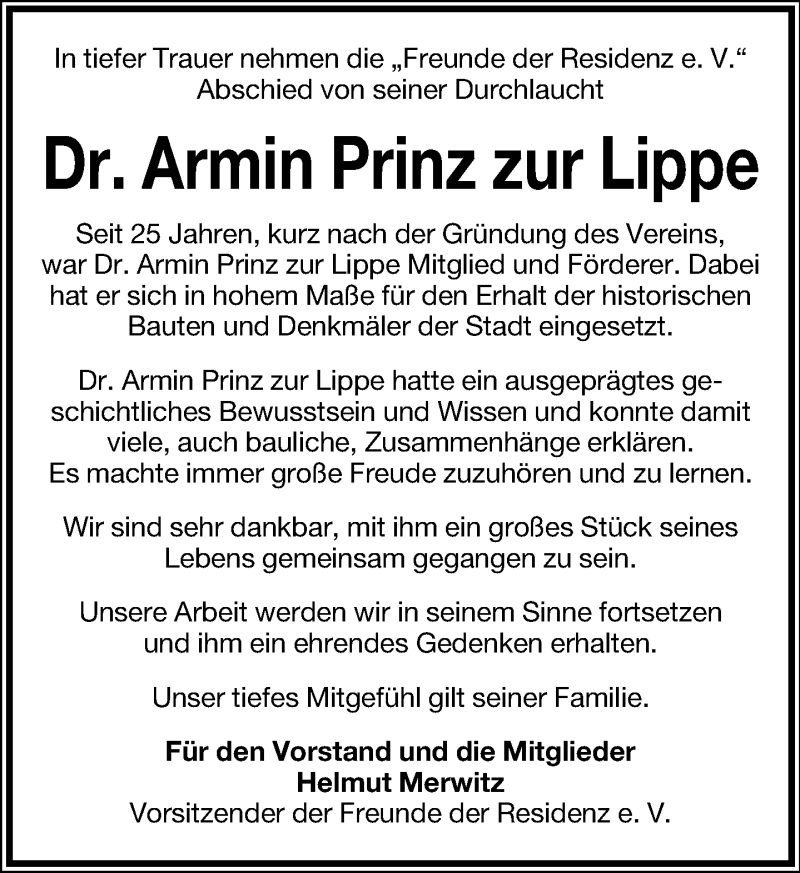  Traueranzeige für Armin Prinz zur Lippe vom 26.08.2015 aus Lippische Landes-Zeitung