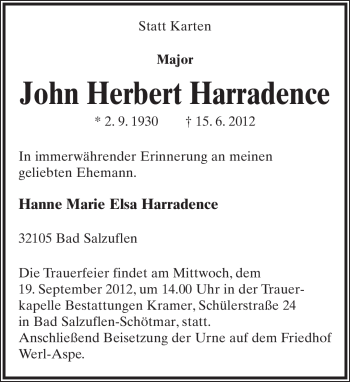 Anzeige  Herbert Harradence  Lippische Landes-Zeitung