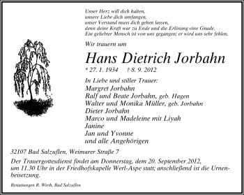 Anzeige  Dietrich Jorbahn  Lippische Landes-Zeitung