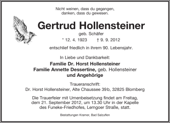 Anzeige  Gertrud Hollensteiner  Lippische Landes-Zeitung