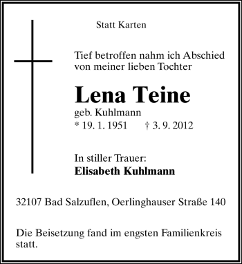 Anzeige  Lena Teine  Lippische Landes-Zeitung