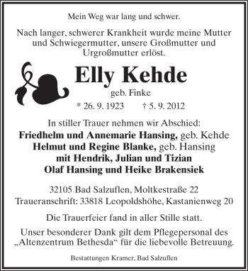 Anzeige  Elly Kehde  Lippische Landes-Zeitung