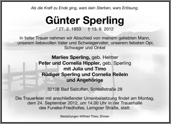 Anzeige  Günter Sperling  Lippische Landes-Zeitung