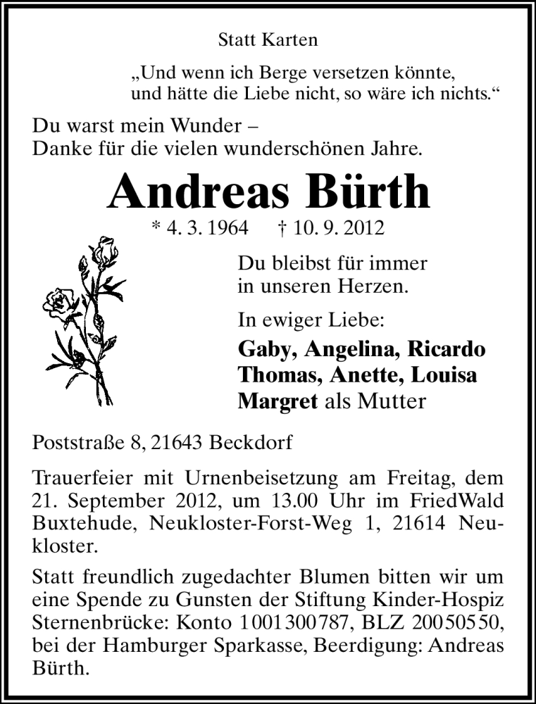  Traueranzeige für Andreas Bürth vom 15.09.2012 aus Lippische Landes-Zeitung