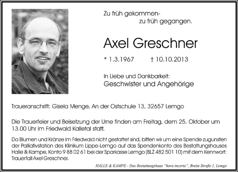  Traueranzeige für Axel Greschner vom 12.10.2013 aus Lippische Landes-Zeitung