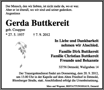 Anzeige  Gerda Buttkereit  Lippische Landes-Zeitung