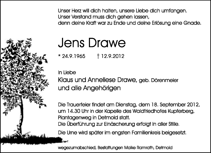  Traueranzeige für Jens Drawe vom 15.09.2012 aus Lippische Landes-Zeitung