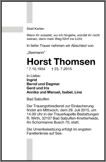 Anzeige  Horst Thomsen  Lippische Landes-Zeitung
