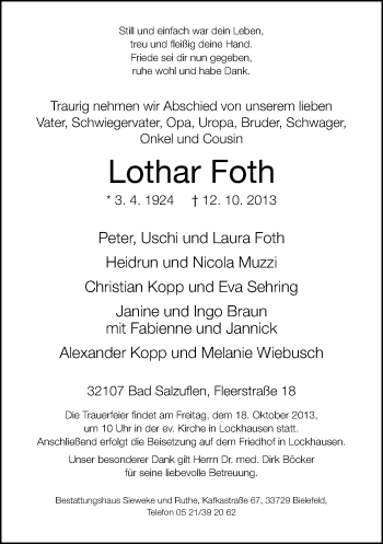 Anzeige  Lothar Foth  Lippische Landes-Zeitung
