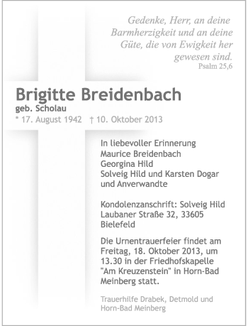 Anzeige  Brigitte Breidenbach  Lippische Landes-Zeitung