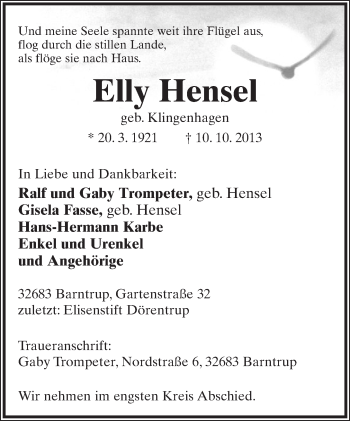 Anzeige  Elly Hensel  Lippische Landes-Zeitung