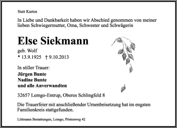 Anzeige  Else Siekmann  Lippische Landes-Zeitung