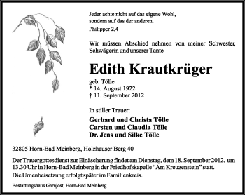 Anzeige  Edith Krautkrüger  Lippische Landes-Zeitung