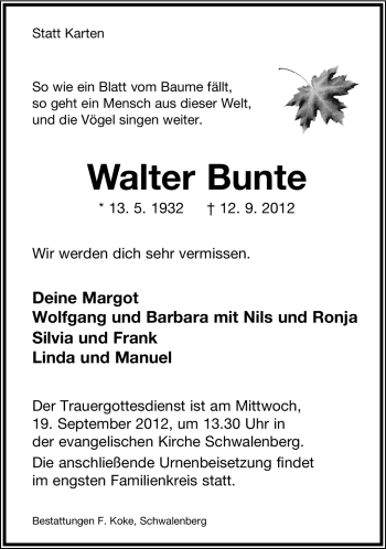 Anzeige  Walter Bunte  Lippische Landes-Zeitung