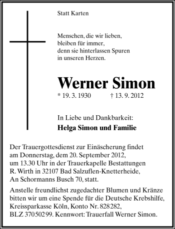 Anzeige  Werner Simon  Lippische Landes-Zeitung
