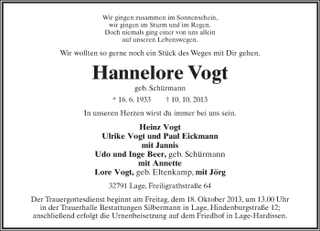 Anzeige  Hannelore Vogt  Lippische Landes-Zeitung