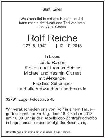 Anzeige  Rolf Reiche  Lippische Landes-Zeitung