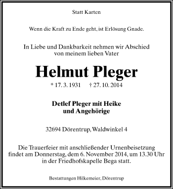 Anzeige  Helmut Pleger  Lippische Landes-Zeitung