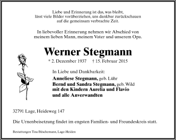 Anzeige  Werner Stegmann  Lippische Landes-Zeitung