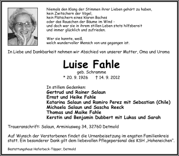 Anzeige  Luise  Fahle  Lippische Landes-Zeitung