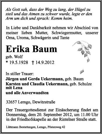 Anzeige  Erika  Baum  Lippische Landes-Zeitung