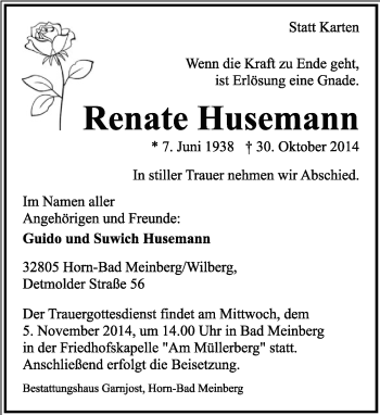 Anzeige  Renate Husemann  Lippische Landes-Zeitung
