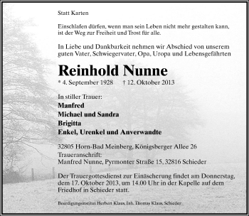 Anzeige  Reinhold Nunne  Lippische Landes-Zeitung