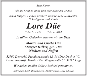 Anzeige  Lore Düe  Lippische Landes-Zeitung
